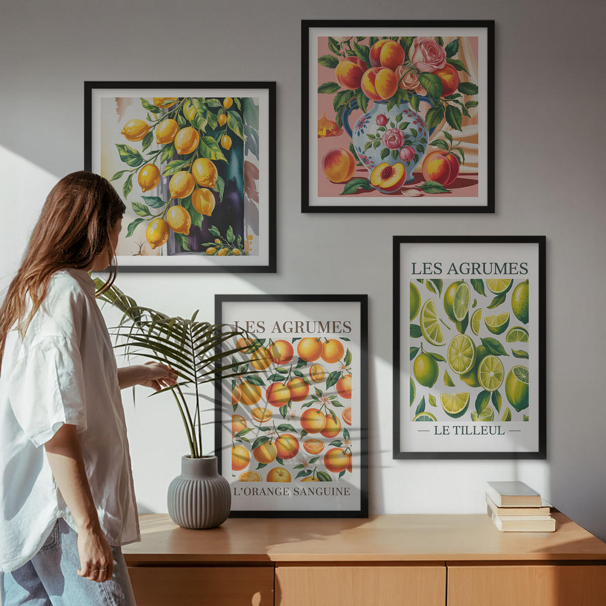 BILDER SET 4er Set - 50x50 cm & 40x60 cm Schwarzer Rahmen - Frische, farbenfrohe Zitrusfrüchte - Schwarz, Kunststoff (50/50cm) - TULUP
