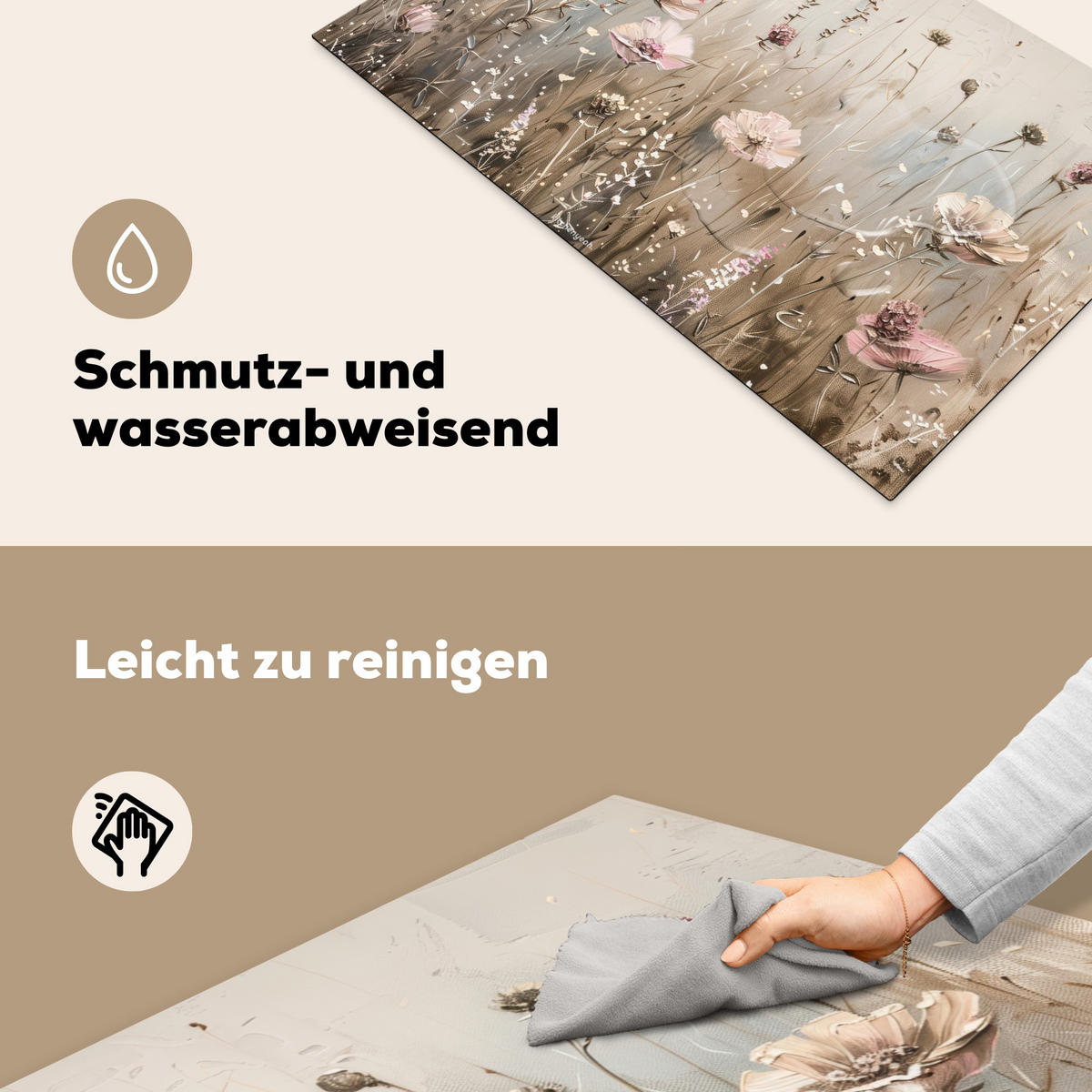 HERDABDECKPLATTE Blumen - Beige - Trockenblumen 85x52 cm - Beige, Kunststoff (85/52/0.2cm) - MuchoWow