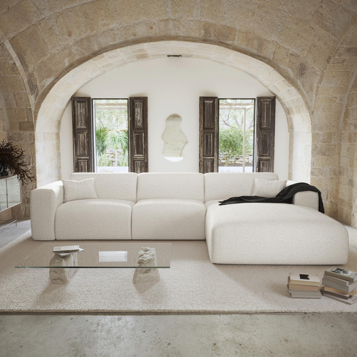 ECKSOFA RECHTS SCHLAFSOFA Dunlopillo 5 Plätze Bouclé creme - Creme, Textil (299/165cm) - Sia Home