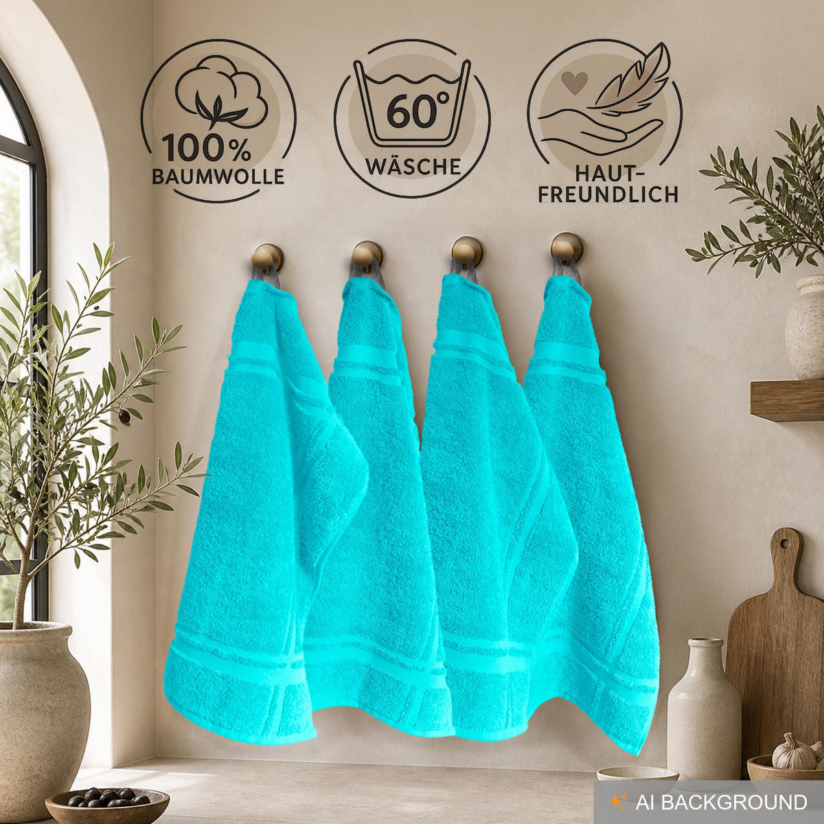FROTTEE Küchenhandtücher 50x50 cm, 4er Set, Türkis - Türkis, Textil (50/50cm) - Lashuma