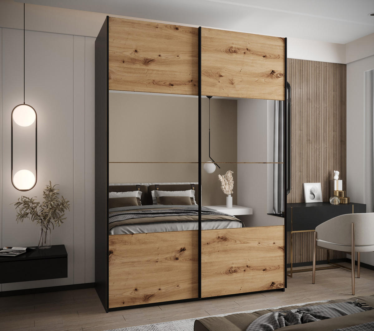 SCHWEBETÜRENSCHRANK 245,5/170/64 2-türig - Schwarz/Eiche Artisan, Holz/Metall (170/245/64cm) - Abiks Möbel