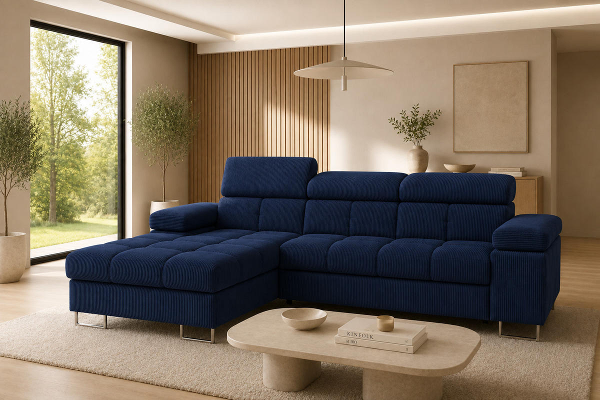 ECKSOFA COMODO Links mit Schlaffunktion & Bettkasten Marineblau - Dunkelblau, Textil (203/271cm) - KS Home Concept