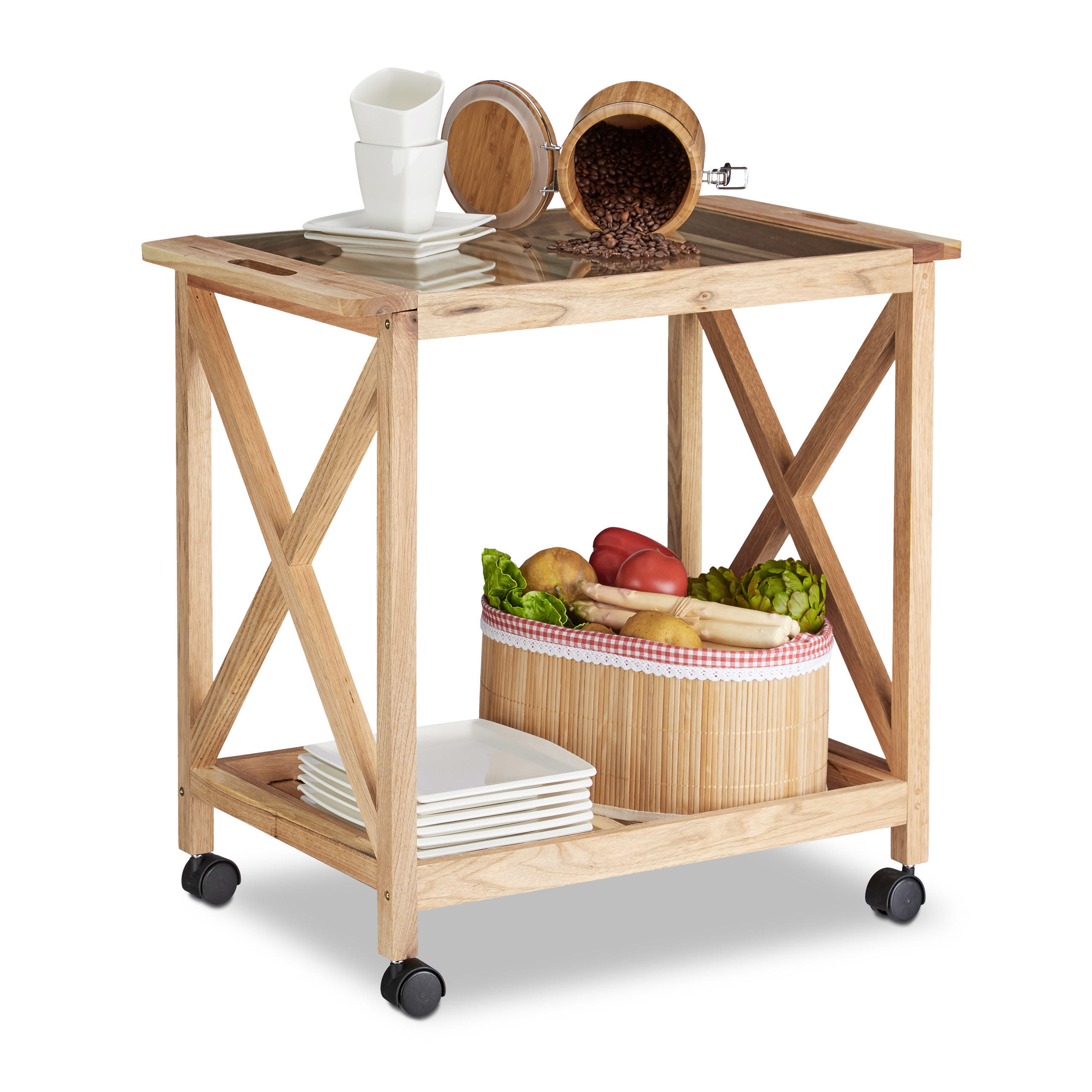 KÜCHENWAGEN - Hellbraun, Glas/Holz (66.5/63/38cm) - Relaxdays