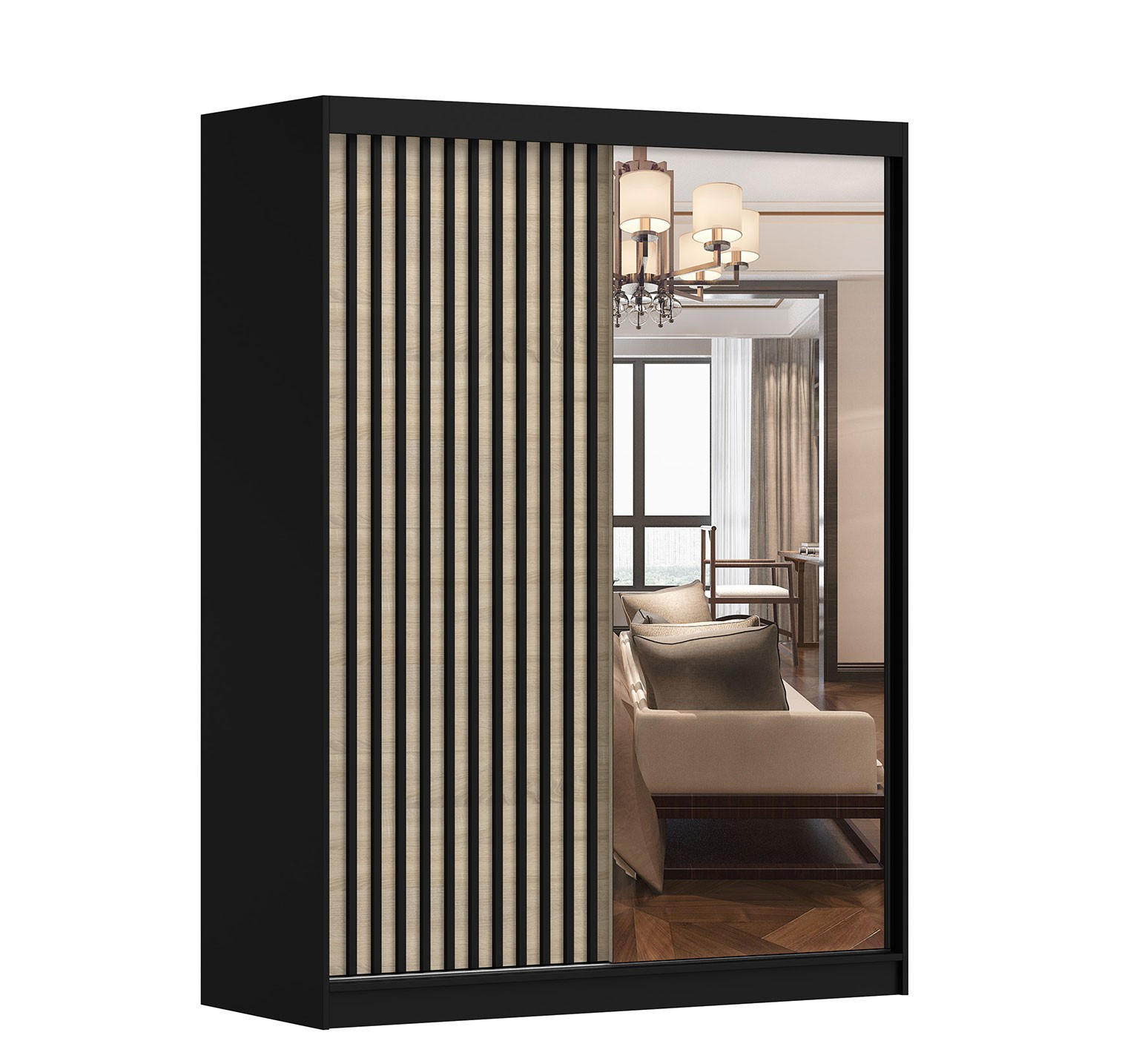 SCHWEBETÜRENSCHRANK Lami S Schwarz/Sonoma Eiche + Spiegel, ohne LED Beleuchtung 150 cm - Alufarben/Schwarz, Glas/Holzwerkstoff (150/200/61cm) - imoebel24
