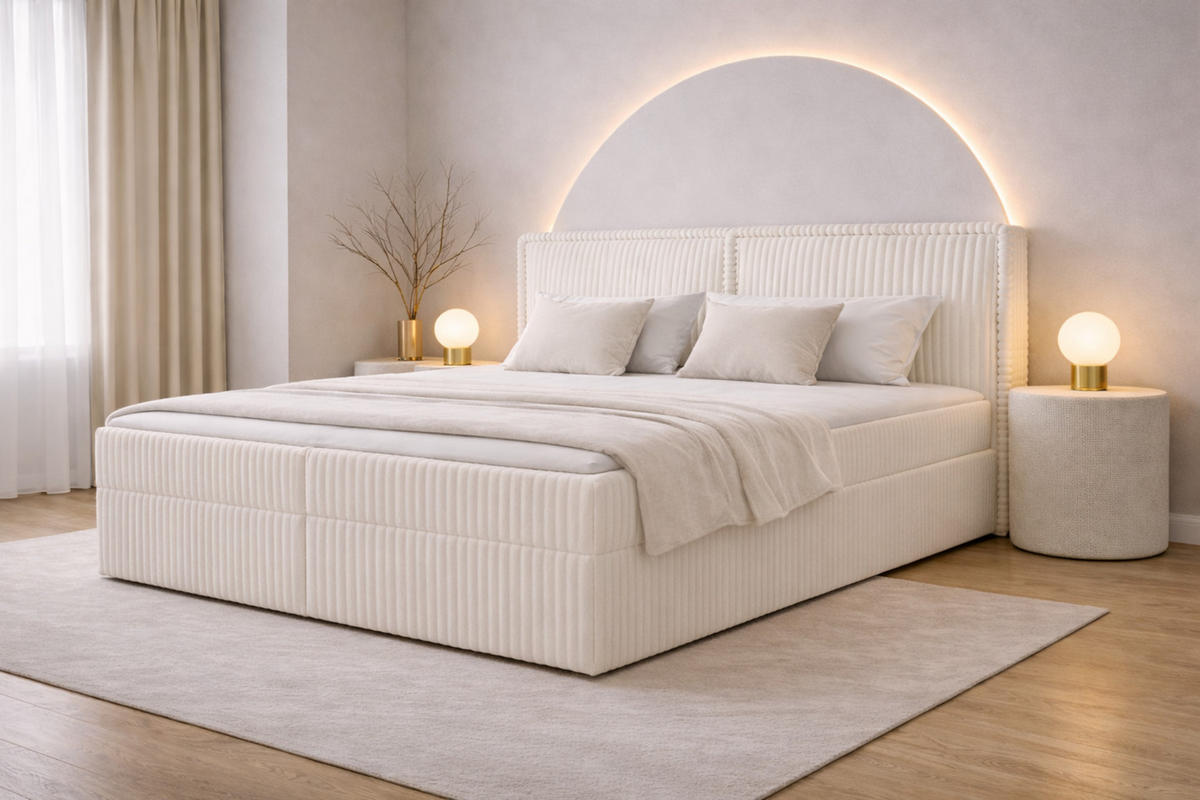 BOXBETT 04 180 x 200 cm - Ambience – Modernes Polsterbett mit Bettkasten, Topper und gepolstertem Kopfteil, Stoffbezug, Stauraumbett - Beige, Holz (180/200cm) - ROYAL24_MARKT