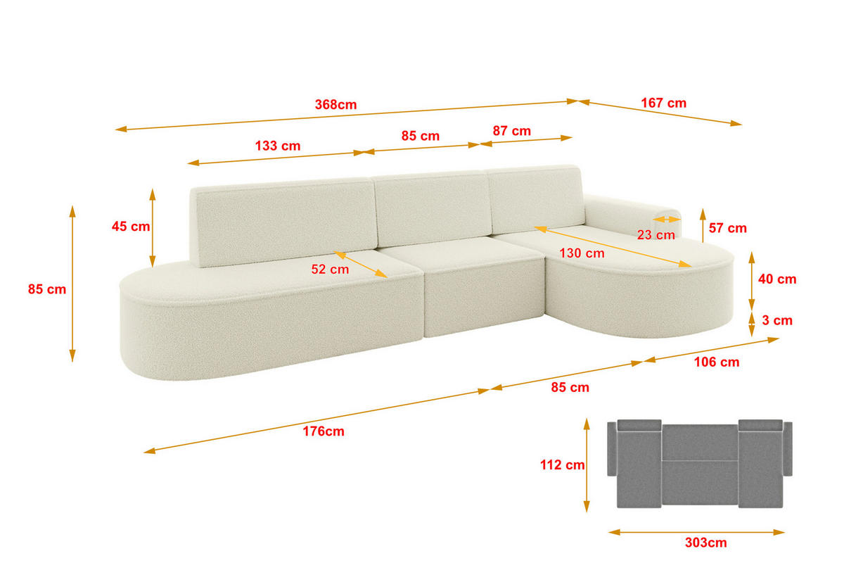 ECKSOFA mit Schlaffunktion Ottomane RECHTS MARI L2-S 368X167X85 Beige Bouclé - Beige/Schwarz, Holzwerkstoff/Kunststoff (167/368cm) - ALTDECOR