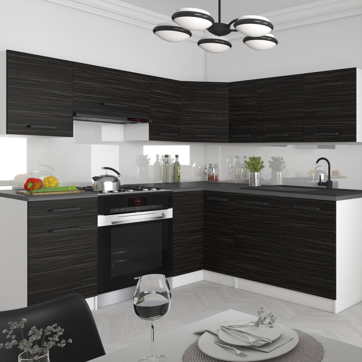 KÜCHENZEILE Italia 6 360 cm, mit Arbeitsplatten, Ebenholz - Schwarz, Holz (360/143/60cm) - B BELINI GROUP