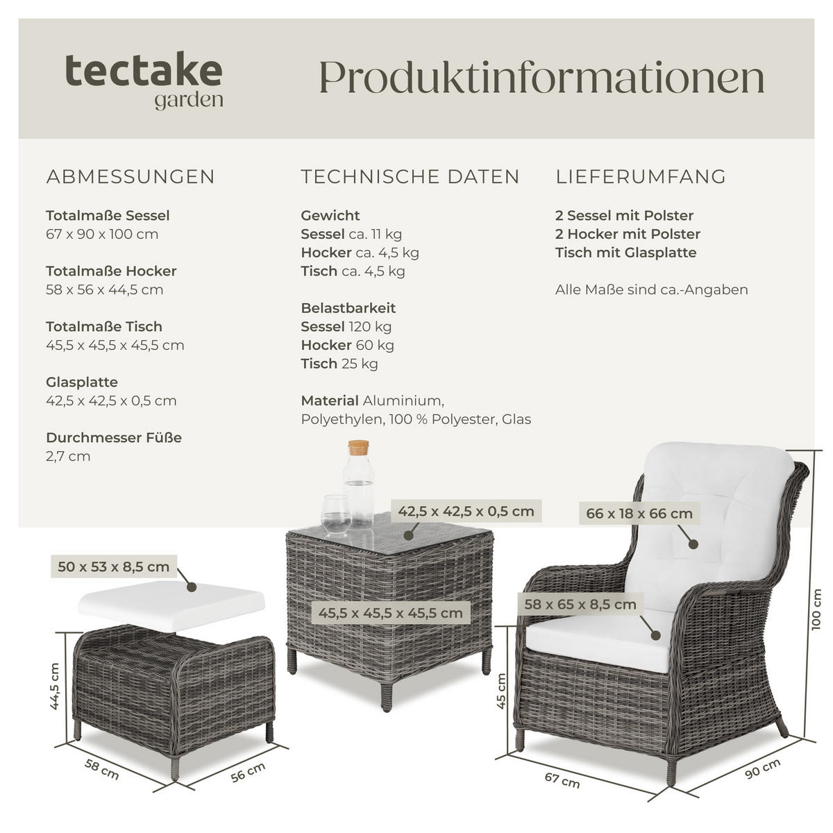 RATTAN SITZGRUPPE Benissa,mit Sicherheitsglasplatte,grau - Weiß/Grau, Kunststoff - tectake