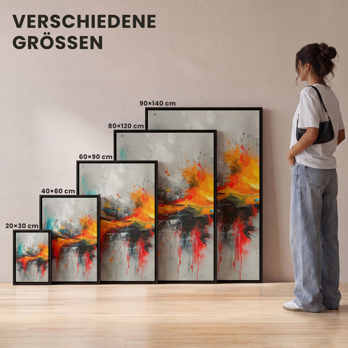 LEINWAND Bilder mit Rahmen - Moderne Kunst - Orange - Grau - Abstrakt - 80x120 - Hellgrau, Textil (80/120cm) - MuchoWow