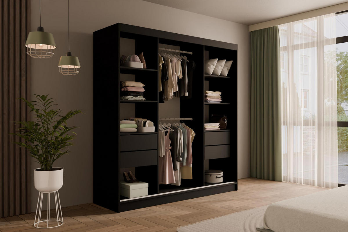 KLEIDERSCHRANK mit Spiegel V2-PRESTIG 215x200 cm - Schwarz|Weiß - Schwarz/Weiß, Holzwerkstoff (200/215/61cm) - ALTDECOR