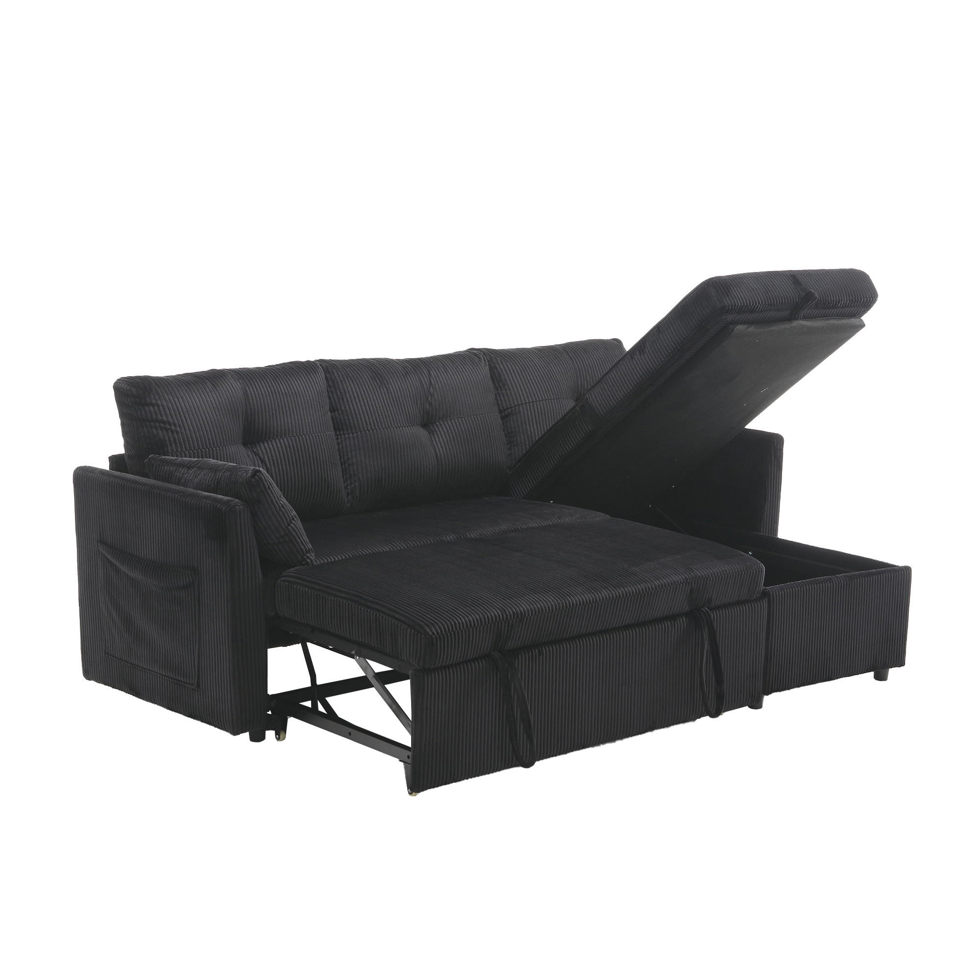 ECKSOFA L-Form mit Schlaffunktion, Bettkasten/Seitentasche, Cord, Schwarz - Schwarz, Holz (206/108cm) - LVHOM
