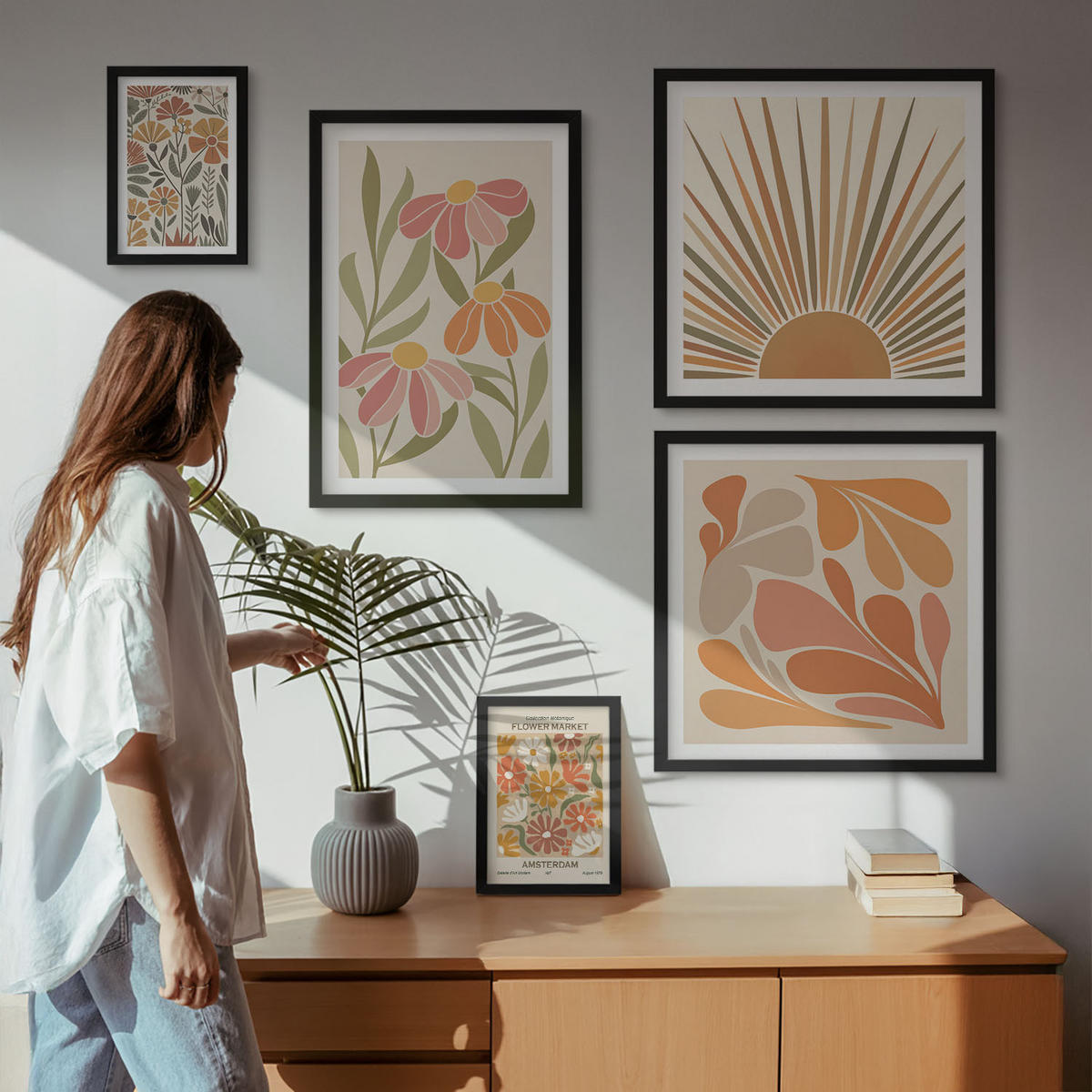 BILDER SET 5er Set - 50x50 cm & 20x30 cm & 40x60 cm Schwarzer Rahmen - Pastellfarbene Sonnenblumen - Schwarz, Kunststoff (40/60cm) - TULUP