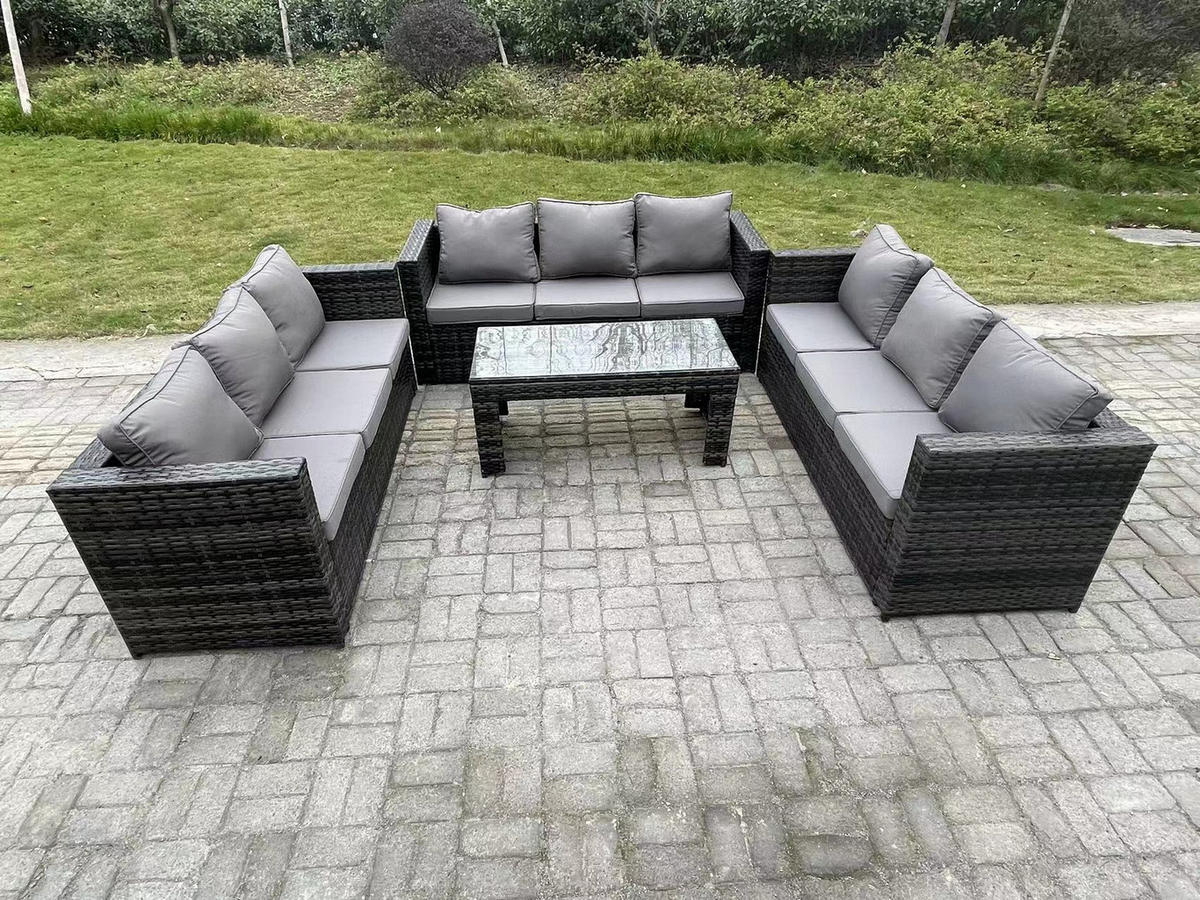 GARTENTISCHGRUPPE Polyrattan 9-Sitzer - Dunkelgrau/Grau, Glas/Kunststoff - Fimous