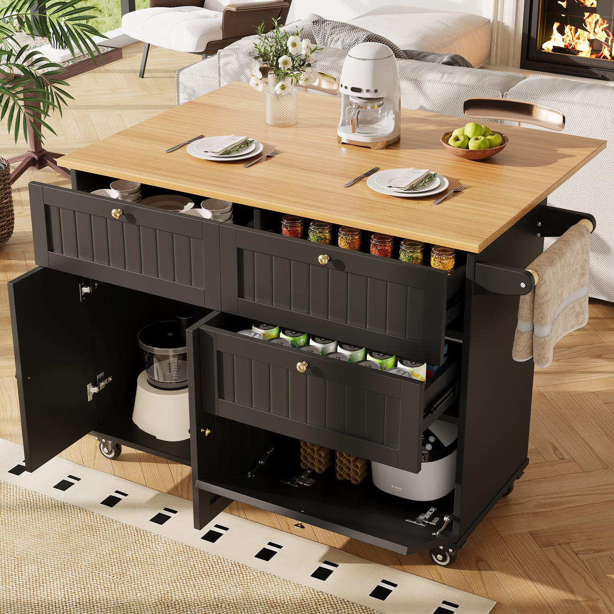 KÜCHENINSEL Schwarz 130/70/88 cm - Schwarz, Holzwerkstoff (70/88/133cm) - Urban Meuble