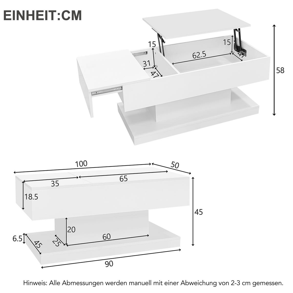 COUCHTISCH 100/50/45 cm weiß mit hydraulischem Lift und LED-Beleuchtung - Weiß, Holzwerkstoff (100/50/45cm) - OKWISH