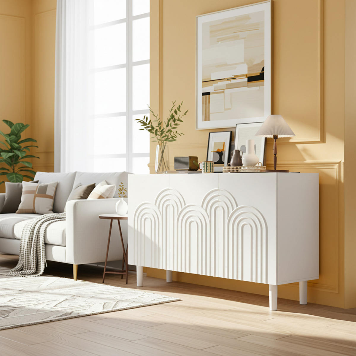 SIDEBOARD 120 cm in Weiß Kommode mit 3 Designtüren & verstellbaren Fächern - Weiß, Holzwerkstoff (120/79/39cm) - Urban Meuble