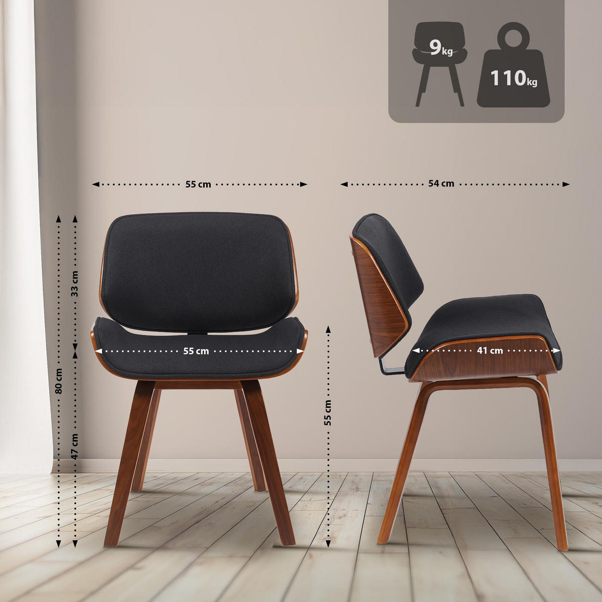 BESUCHERSTUHL Stoff Walnuss/Schwarz - Walnussfarben/Schwarz, Holz/Textil (55/80/41cm) - CLP