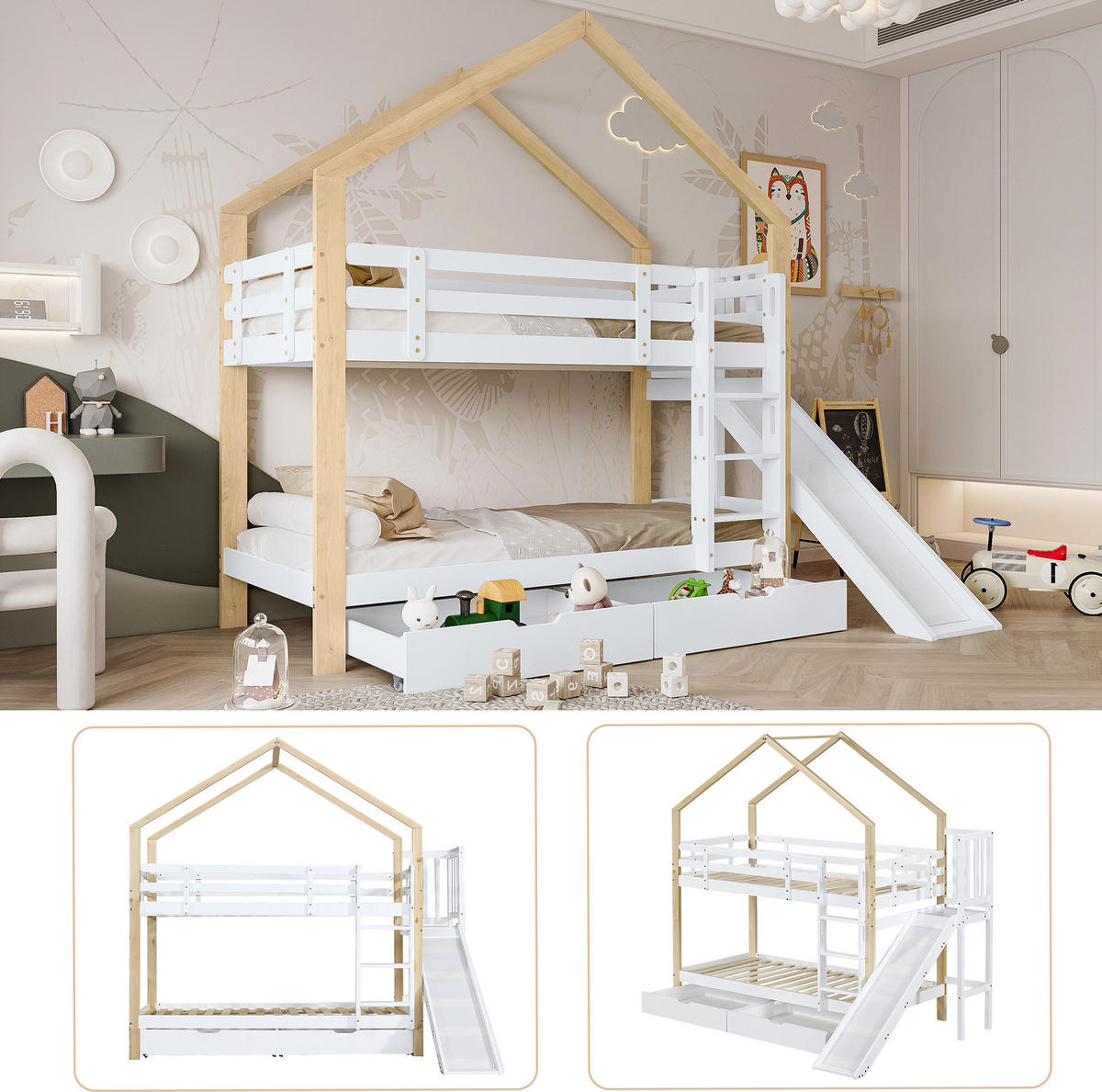 PATROVÁ postel 90/200 cm bílá a přírodní z masivu a MDF se skluzavkou a úložnými zásuvkami - bílá, dřevo (90/200cm) - OKWISH