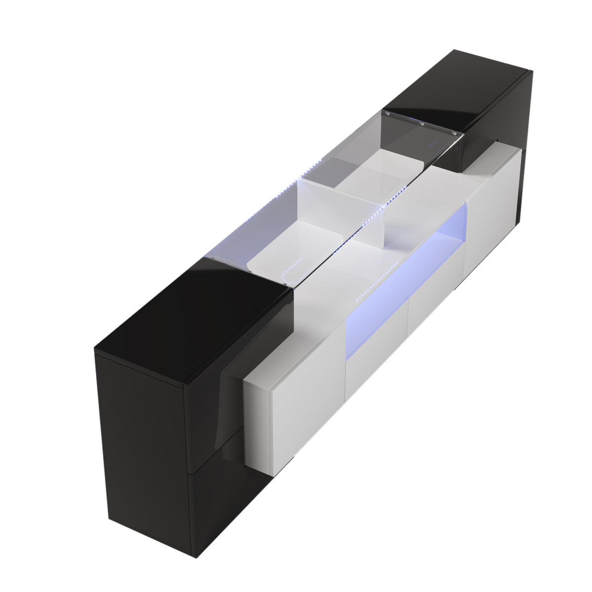 TV Lowboard LED 200 cm, Glasoberfläche, Schwarz - Schwarz, Holz (200/60/30cm)