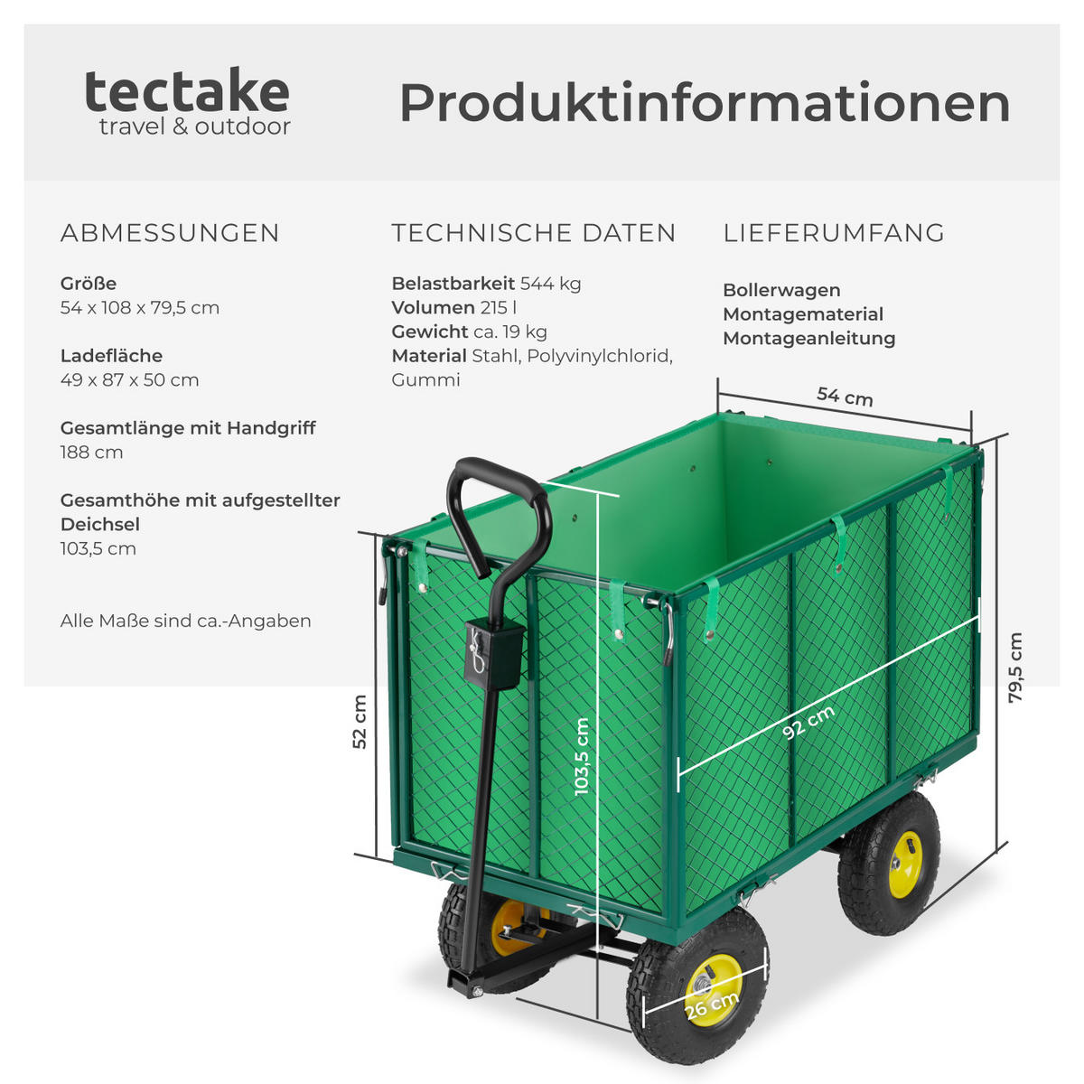 BOLLERWAGEN , Belastbarkeit 544 kg, grün - Grün, Metall (54/79.5/108cm) - tectake
