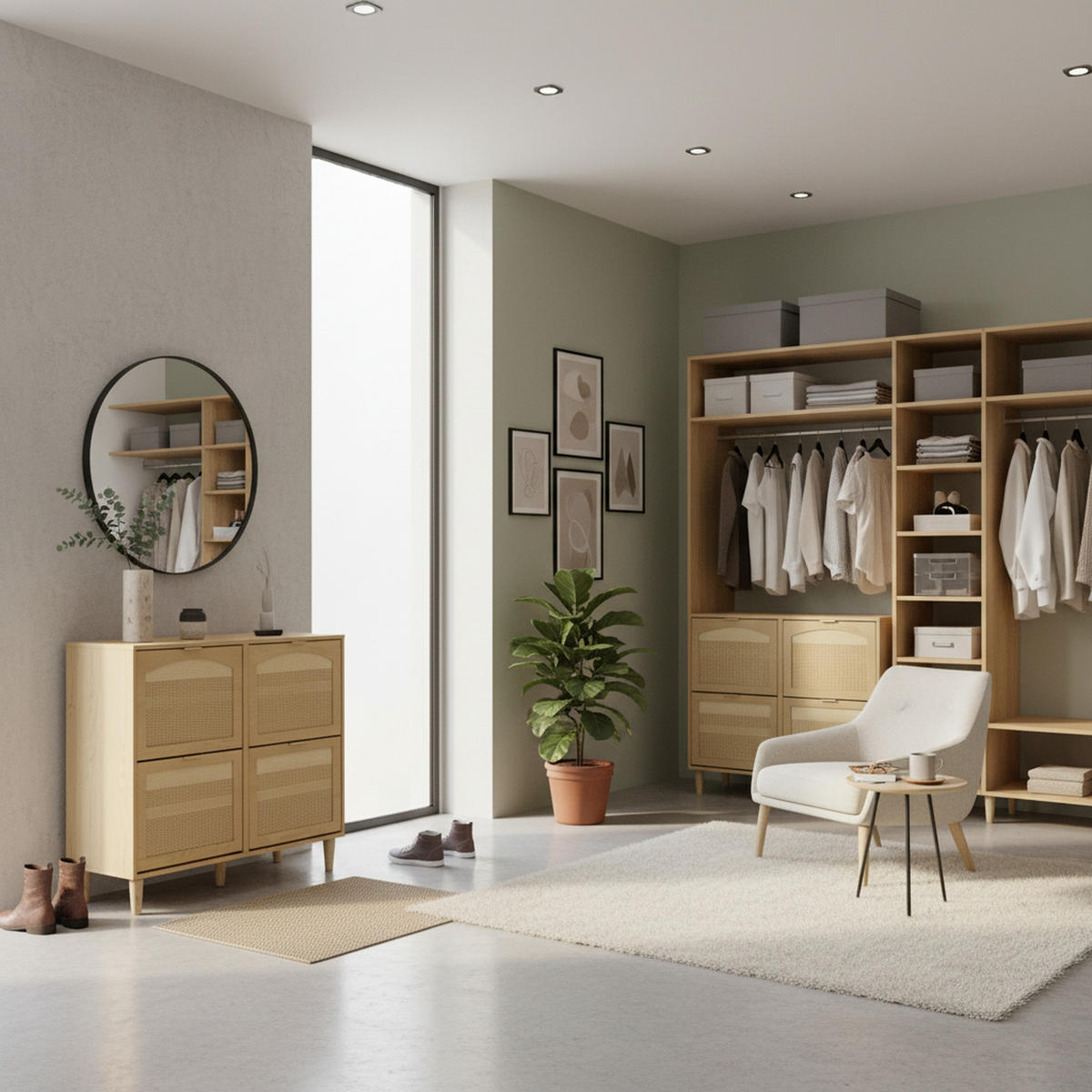 SCHUHSCHRANK im Landhausstil Rattan Eiche Optik mit 4 Klappschubladen - Eichefarben, Holzwerkstoff (100/90/25cm) - Urban Meuble