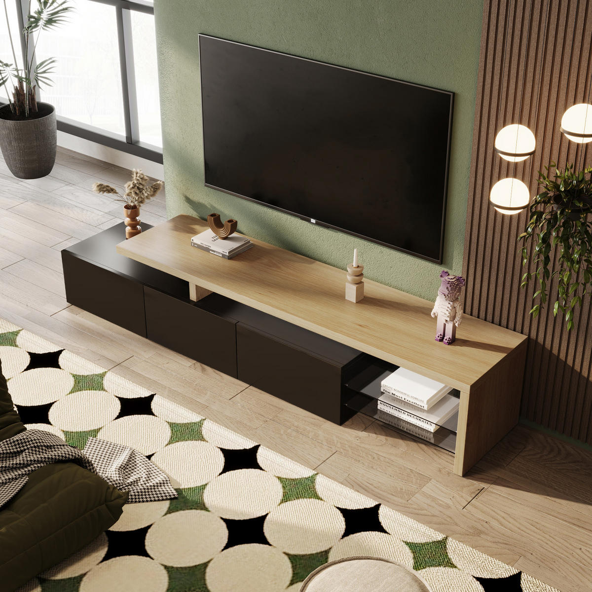 LOWBOARD 200cm Schwarz/Holz LED Glas Stauraum - Schwarz, Holzwerkstoff (39/42/200cm) - SHOPENTRA