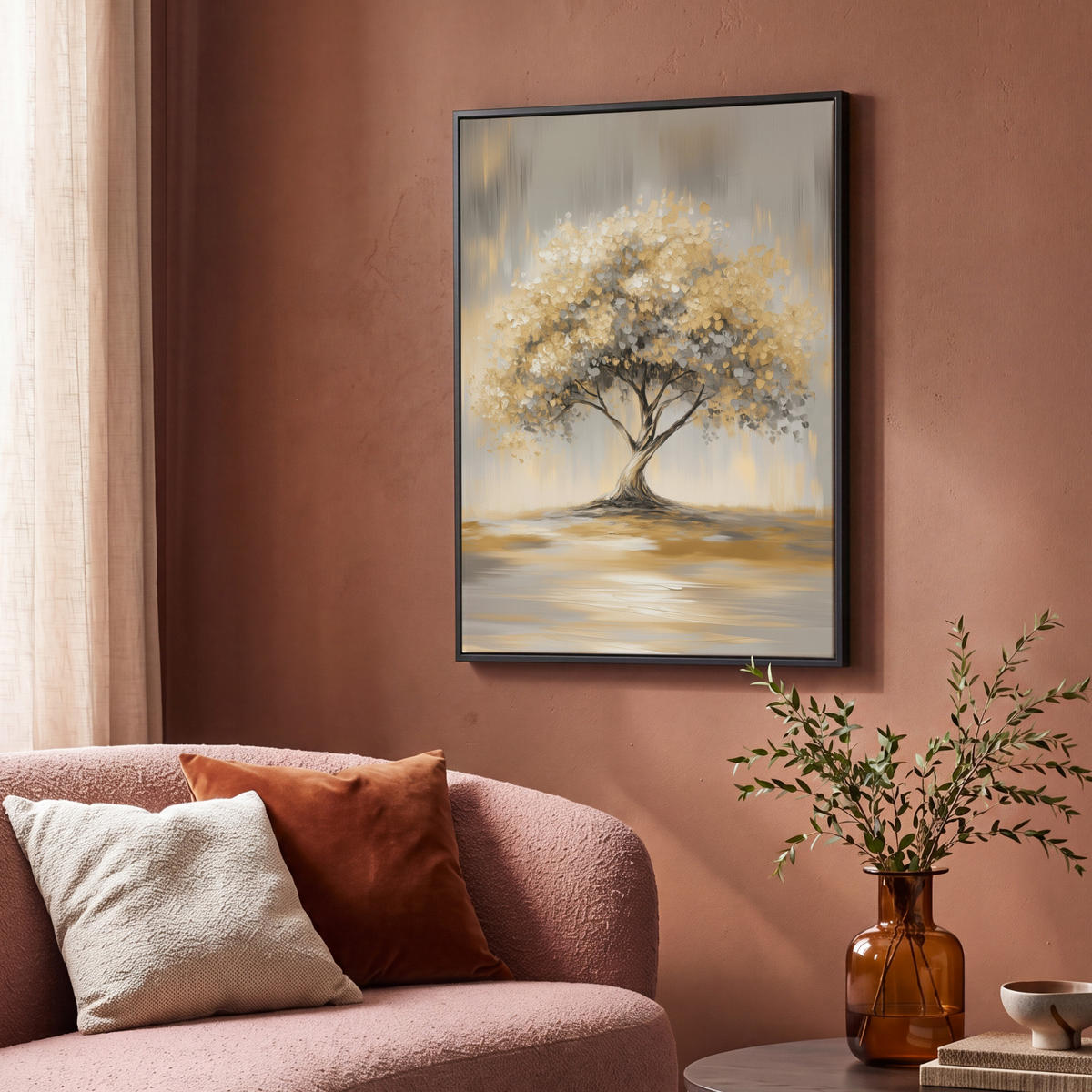 LEINWAND Bilder mit Rahmen - Gemälde - Baum - Abstrakt - Blätter - 70x100 - Beige, Textil (70/100cm) - MuchoWow