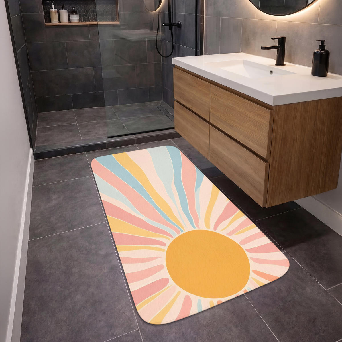 BADEMATTE Illustration - Sonne - Pastellfarben 60x120 cm - Pastellblau, Kunststoff/Textil (60/120cm)
