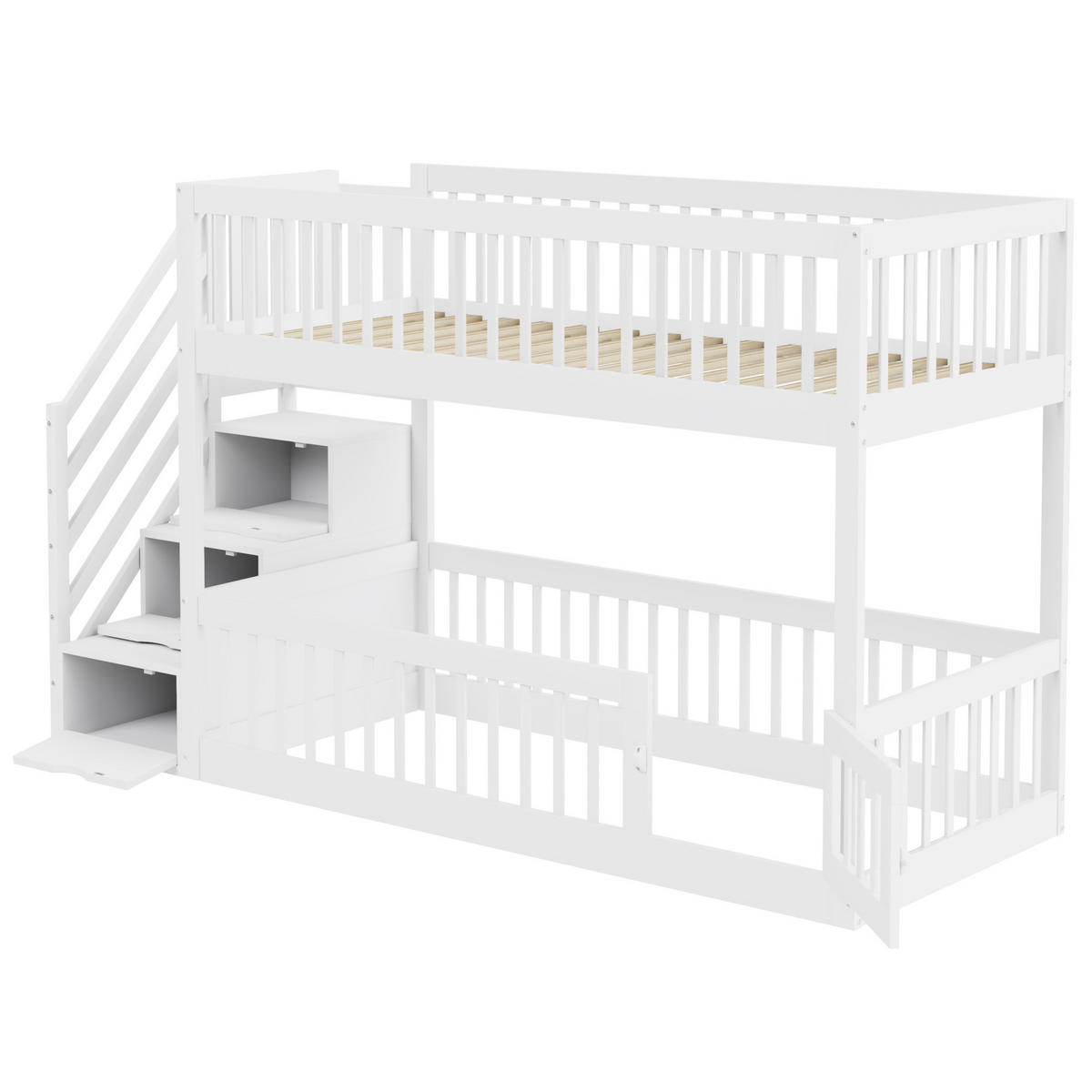 ETAGENBETT Holz 90x200 cm Weiß mit Stauraumtreppe und Schubladen, Kinderbett mit Sicherheitsgitter - Weiß, Holz (90/200cm) - Modfu