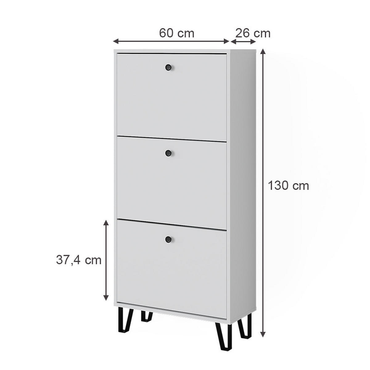 SCHUHKIPPER Siri Weiß 36 x 135 cm mit 3 Klappschubladen - Weiß, Holzwerkstoff (130/60/26cm) - Vicco