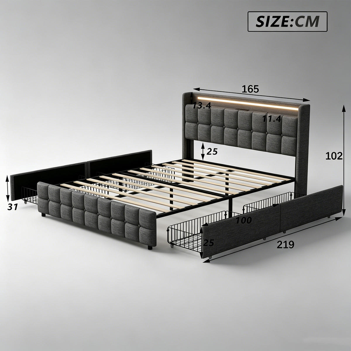DOPPELBETT 160x200 mit stauraum, polsterbett mit LED, USB, 4 Schublade, Leinenstoff, grau - Dunkelgrau, Textil/Metall (160/200cm) - GENKI LIVING