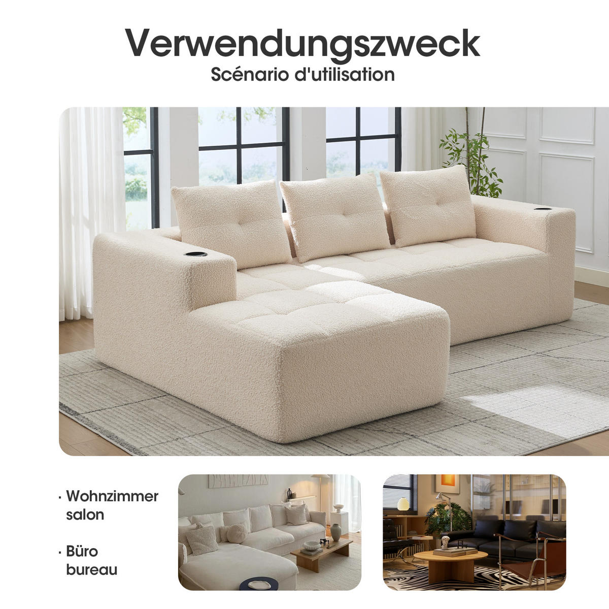 ECKSOFA 258 cm mit Becherhaltern, tiefer Sitzfläche und Polyesterbezug, Beige - Beige, Textil (258/163cm) - Redom