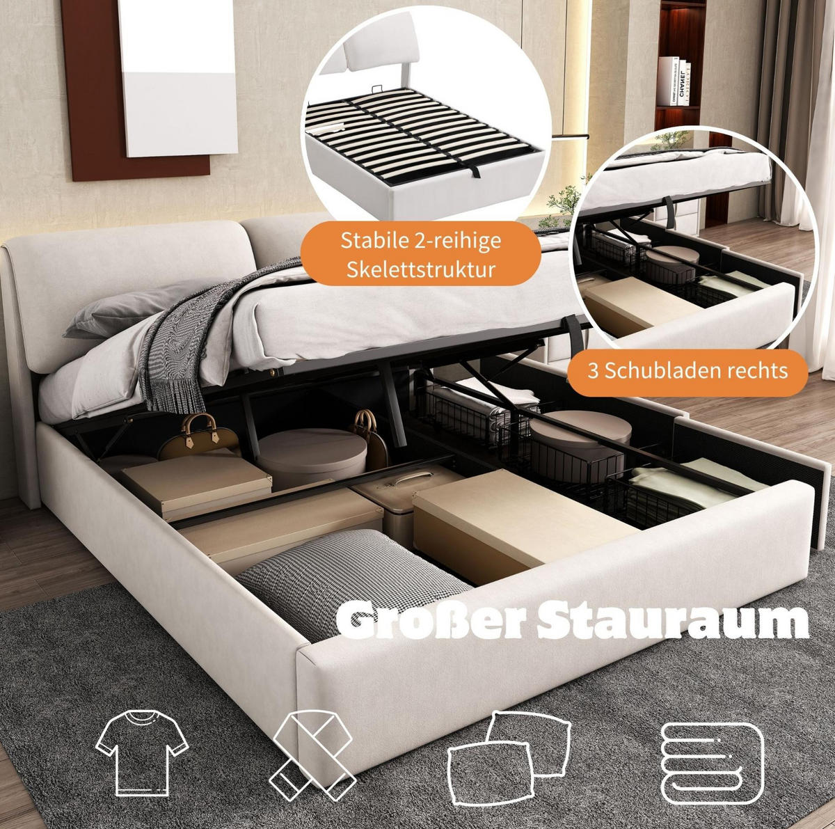 POLSTERBETT 140/190 cm mit hydraulischem Bettkasten, 3 Schubladen und verstellbarem Kopfteil aus Samt, Beige - Beige, Textil (140/190cm) - Redom