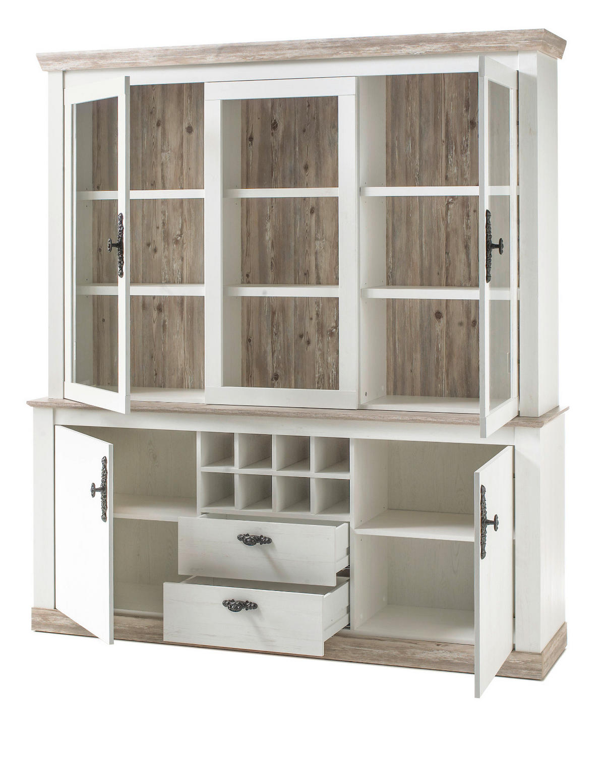 BUFFETSCHRANK Pinie weiß, Oslo Pinie Landhaus, Vitrinenschrank mit Weinregal, 184 x 205 cm - Anthrazit/Weiß, Holzwerkstoff/Metall (184/205/44cm) - Furn.Design