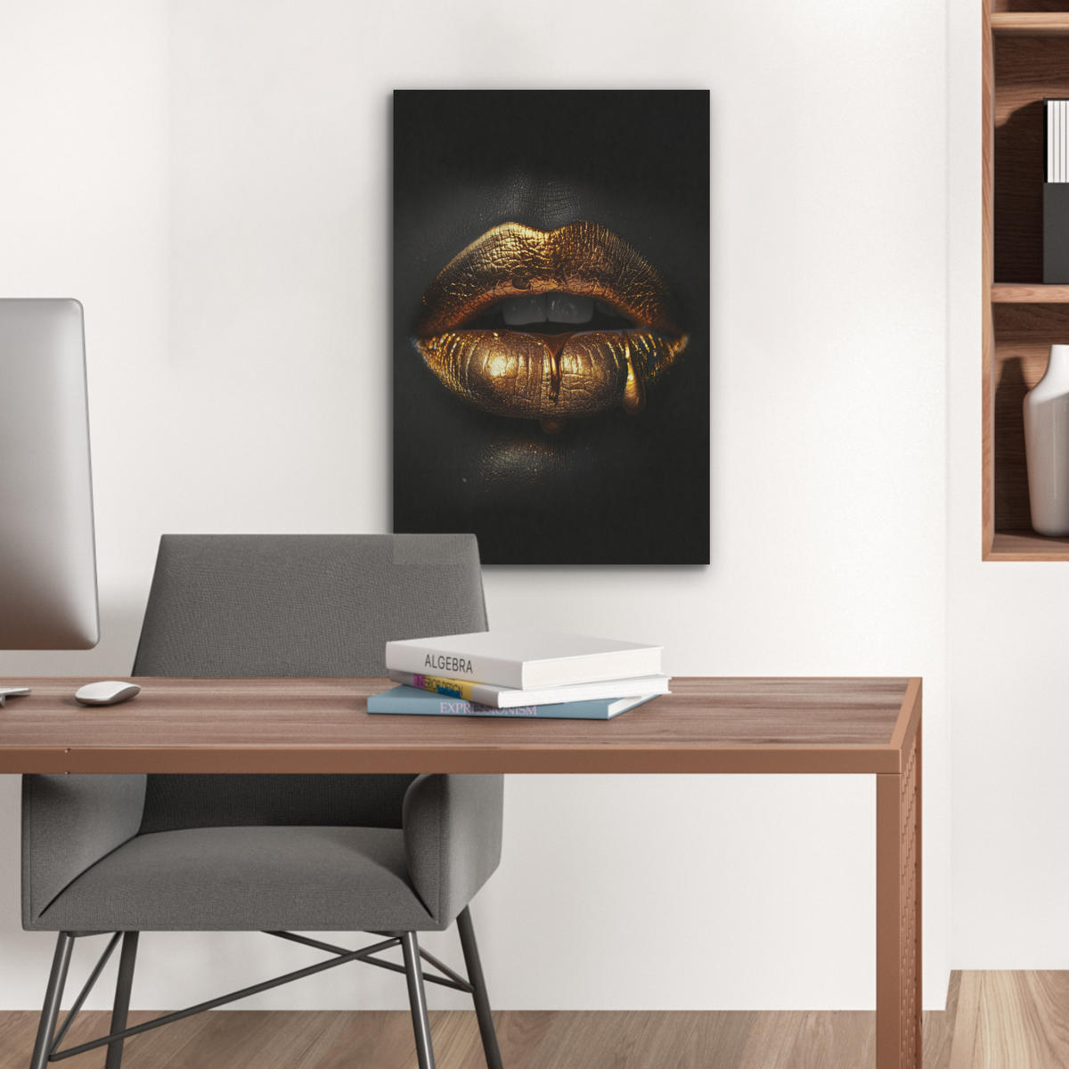 AKUSTIKBILD Frau - Porträt - Lippen - Gold - Schwarz Kunstdruck Schlafzimmer 50x70 cm - Schwarz, Kunststoff (50/70/0.9cm) - MuchoWow