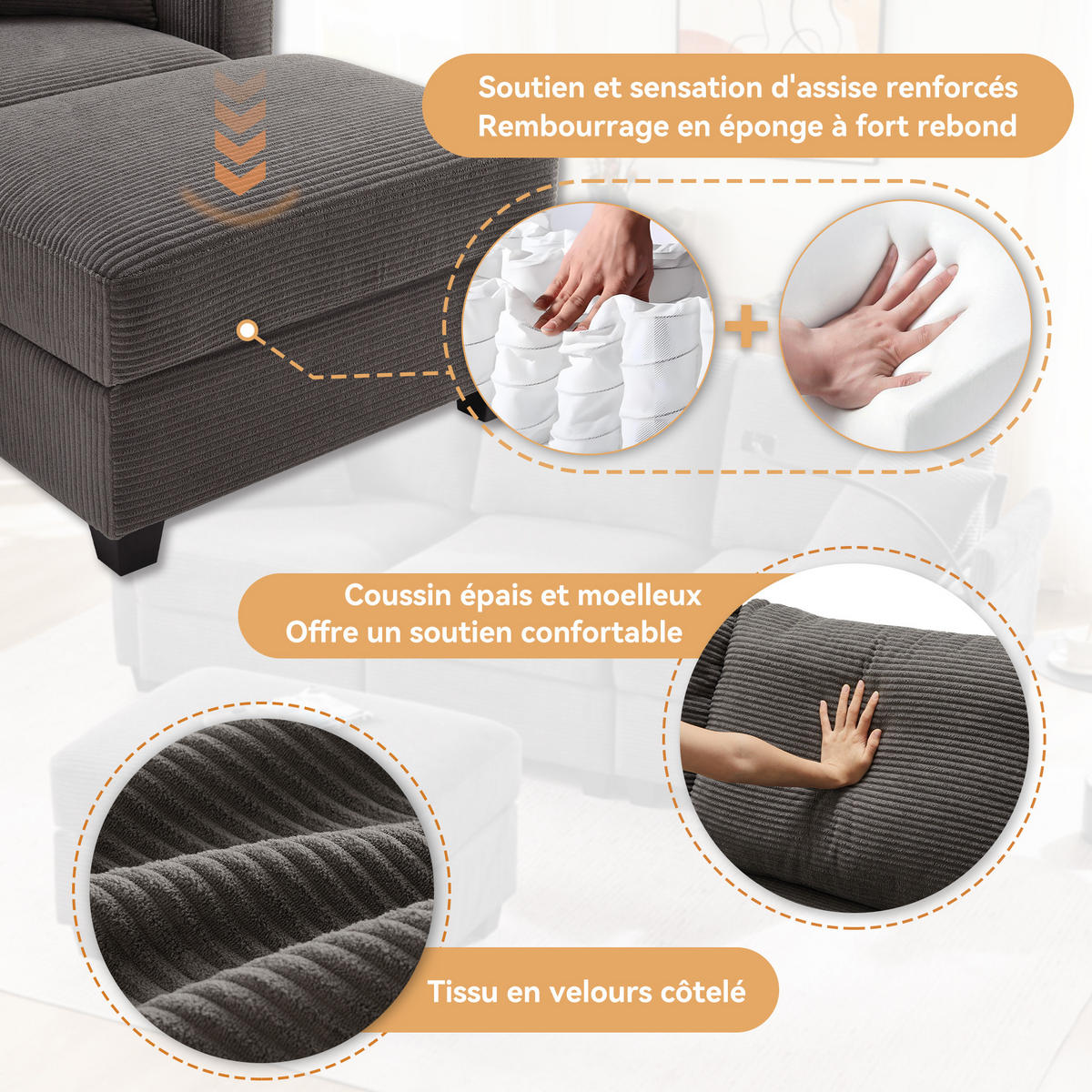 ECKSOFA 213.5x139x87 cm aus Cord mit USB-Ladegerät, dunkelgrau - Dunkelgrau, Textil (139/213.5cm) - Luhomfu