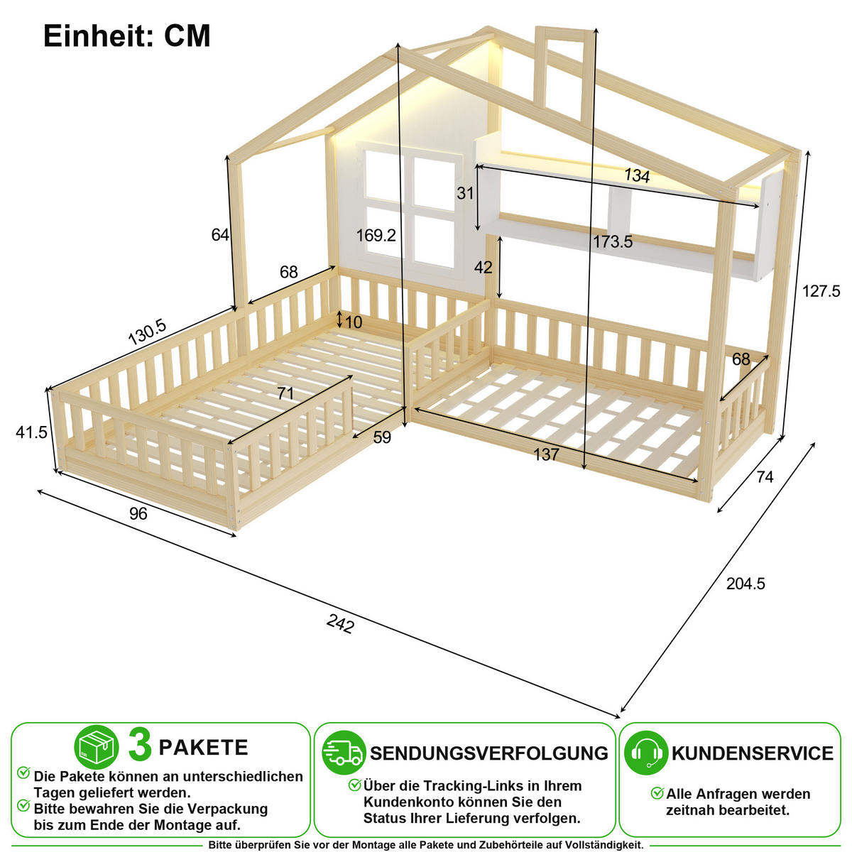 KINDERBETT 90/200 cm & 140/70 cm in Weiß & Natur mit Regal, LED und Sicherheitsgitter - Weiß/Naturfarben, Holz/Holzwerkstoff (90/200cm) - CHICFURN