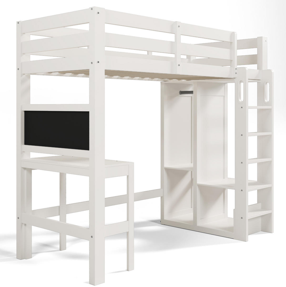 HOCHBETT 90/200 cm mit Schreibtisch, Kreidetafel, offenem Kleiderschrank und Regalen, Holz, Weiß - Weiß, Holzwerkstoff (90/200cm) - Redom