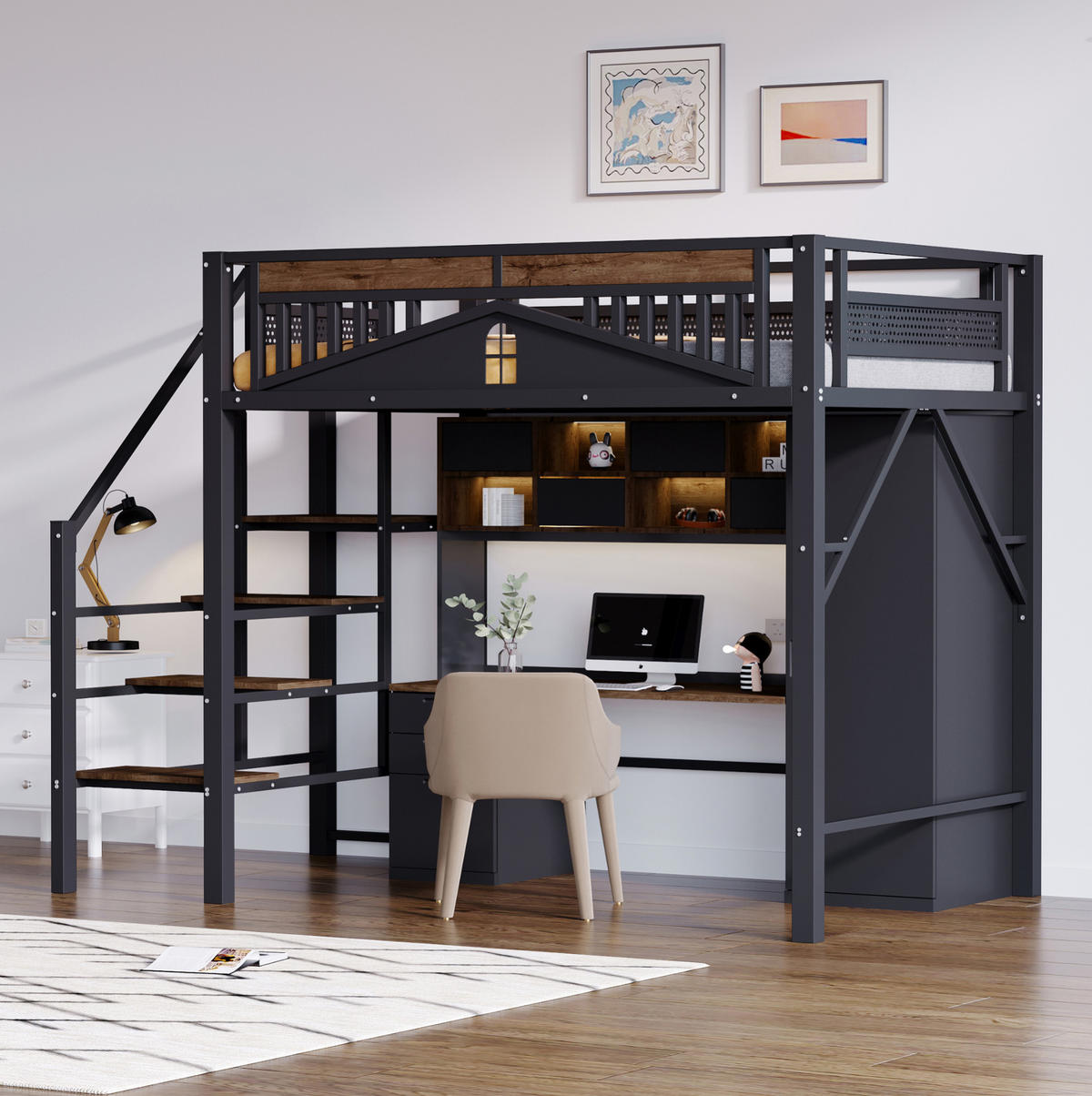 HOCHBETT 140/200 cm mit Sicherheitsleiter, Fensterdesign und Stauraum, Schwarz - Schwarz, Metall (140/200cm) - Redom