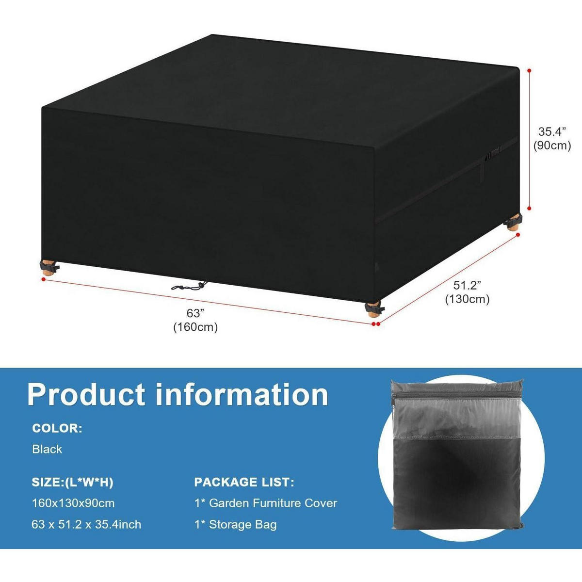 GARTENMÖBEL Abdeckung Wasserdicht 160 x 130 x 90 cm - Schwarz, Kunststoff (1/1/1cm)
