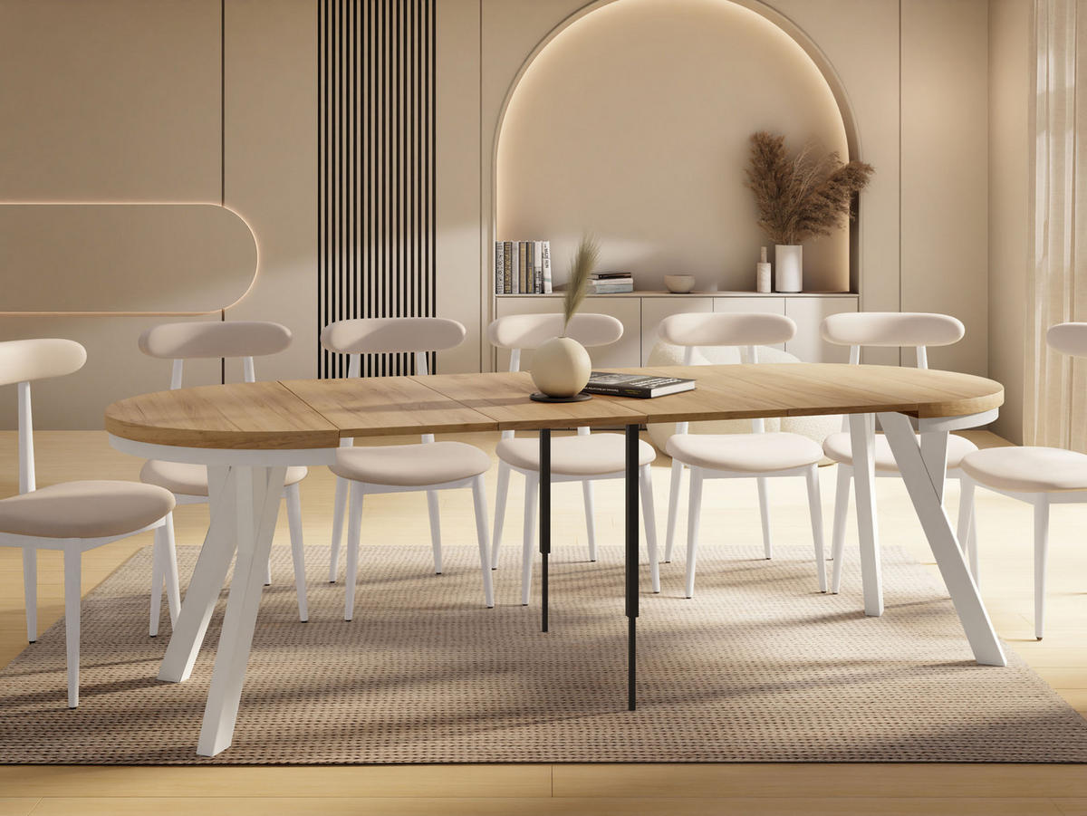 ESSTISCH Vero Neo Weiß rund ausziehbar verlängerbar, Eiche Braun 100-300/100/77 cm - Eiche Wotan/Weiß, Holz/Holzwerkstoff (100/100/77cm) - WFL GROUP