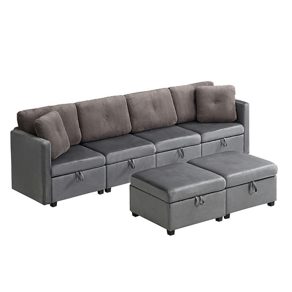 Modfu MODULÁRNÍ pohovka ze sametu a manšestru 261x132,5 cm starožitná šedá s úložným prostorem, 6 moduly a variabilním uspořádáním