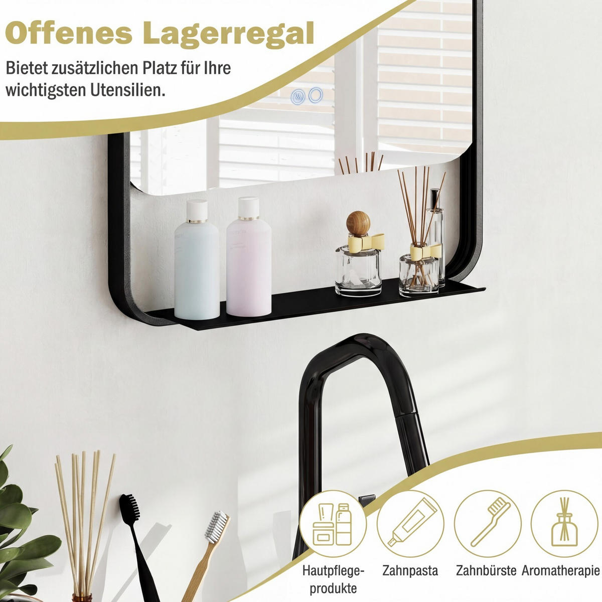 BADSPIEGEL mit Beleuchtung schwarz - Schwarz, Glas (50/80/12cm) - COSTWAY