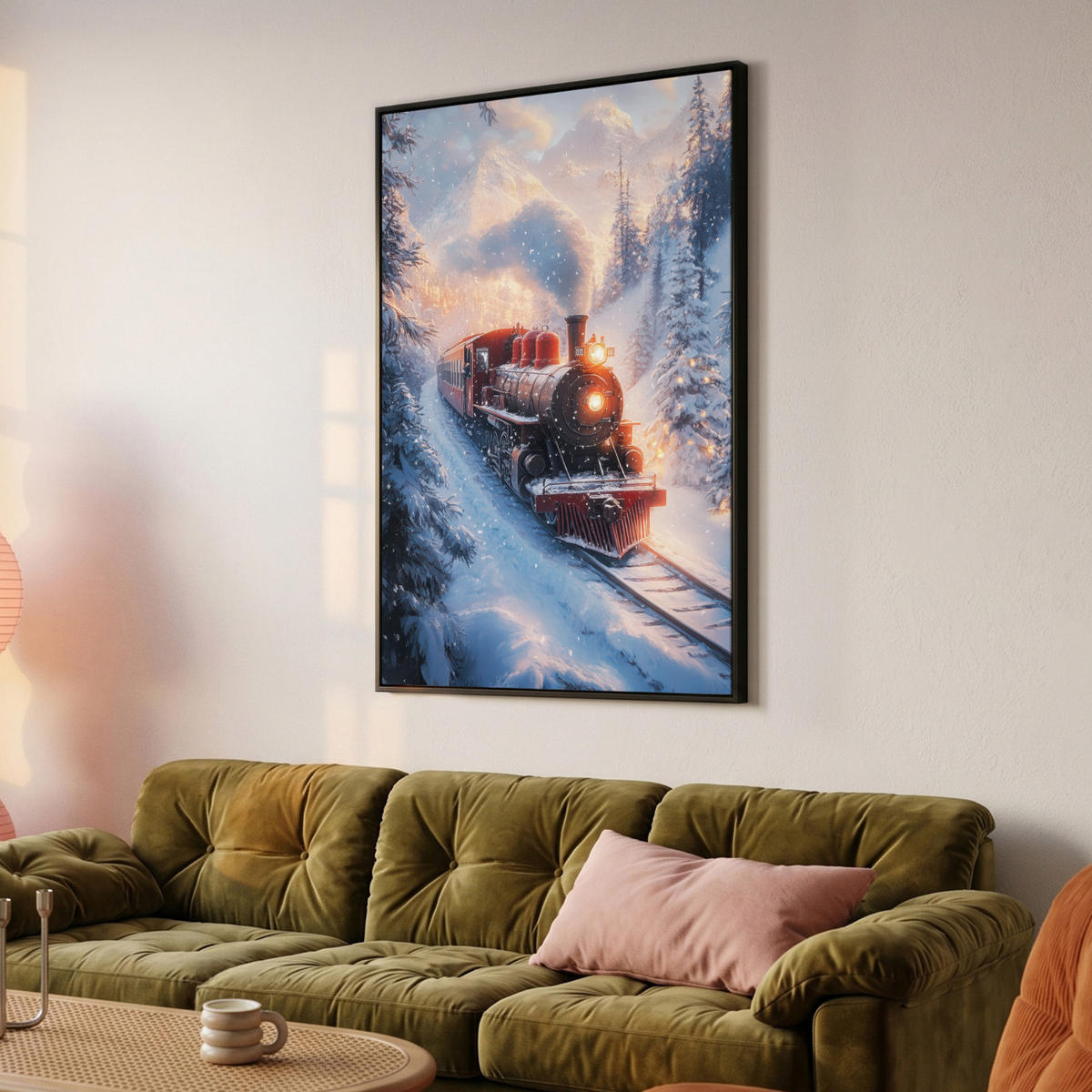 LEINWAND Bilder mit Rahmen - Weihnachtszug - Schnee - Winter - Weihnachten - 100x150 - Dunkelrot, Textil (100/150cm) - MuchoWow