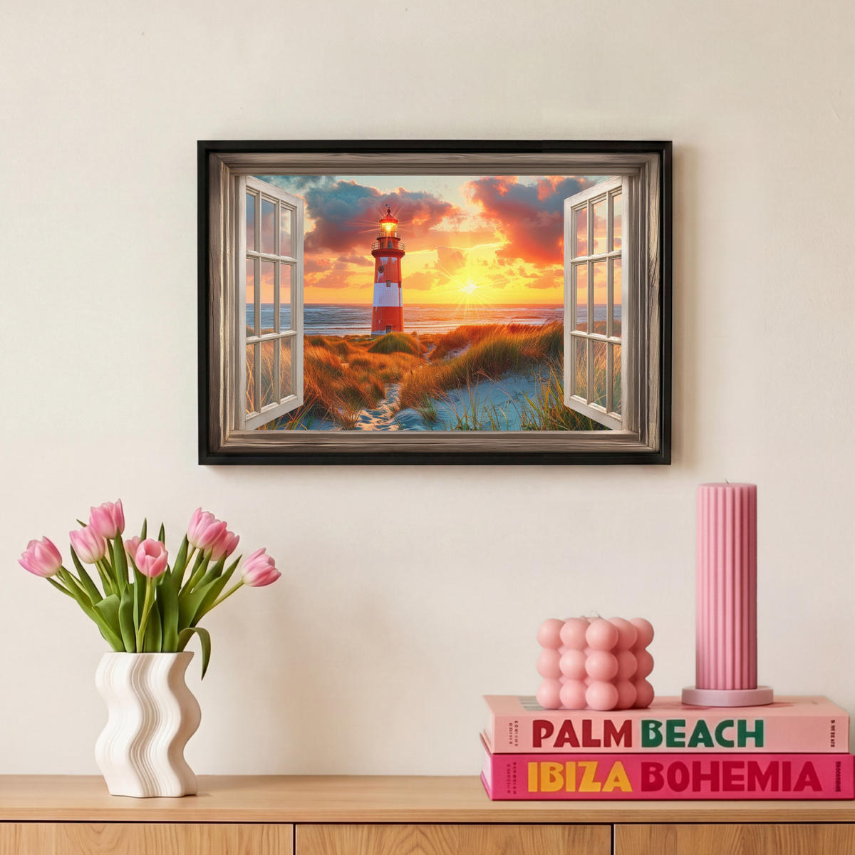 LEINWAND Bilder mit Rahmen - Aussicht - Fenster - Leuchtturm - Sonnenuntergang - Strand - 30x20 - Dunkelorange, Textil (30/20cm) - MuchoWow