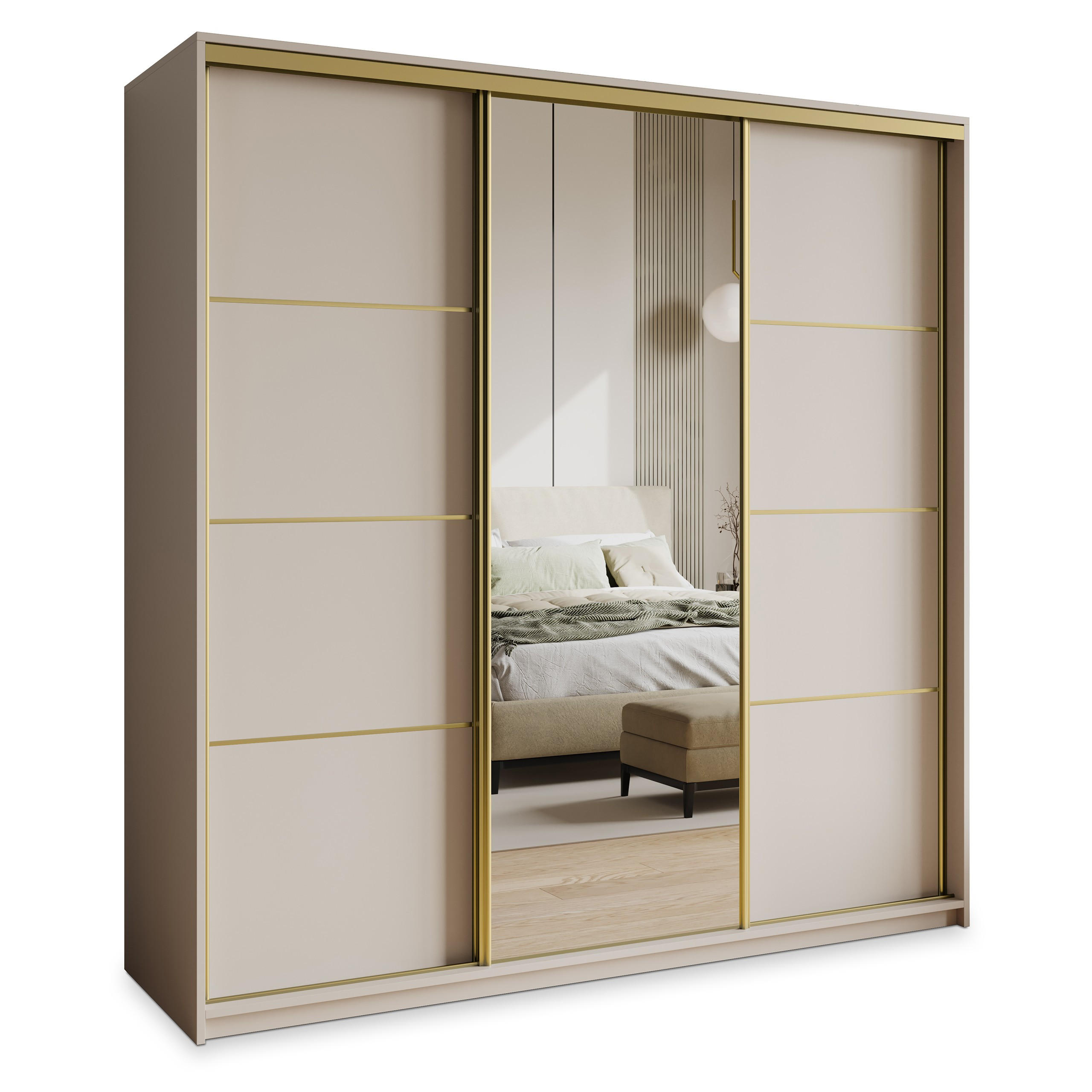 SCHWEBETÜRENSCHRANK VARO 180/205/60 cm 3-türig mit Spiegel und Schubladen Kaschmir - Kaschmir/Goldfarben, Holzwerkstoff (180/205/60cm) - MASSENO