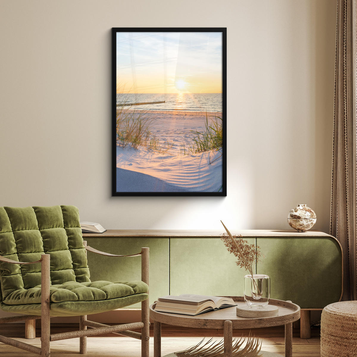 ZARÁMOVANÝ PLAGÁT Pláž - Slnko - Duny - Tráva - Piesok - Horizont 60x90 cm - svetlomodrá, papier (60/90cm) - MuchoWow