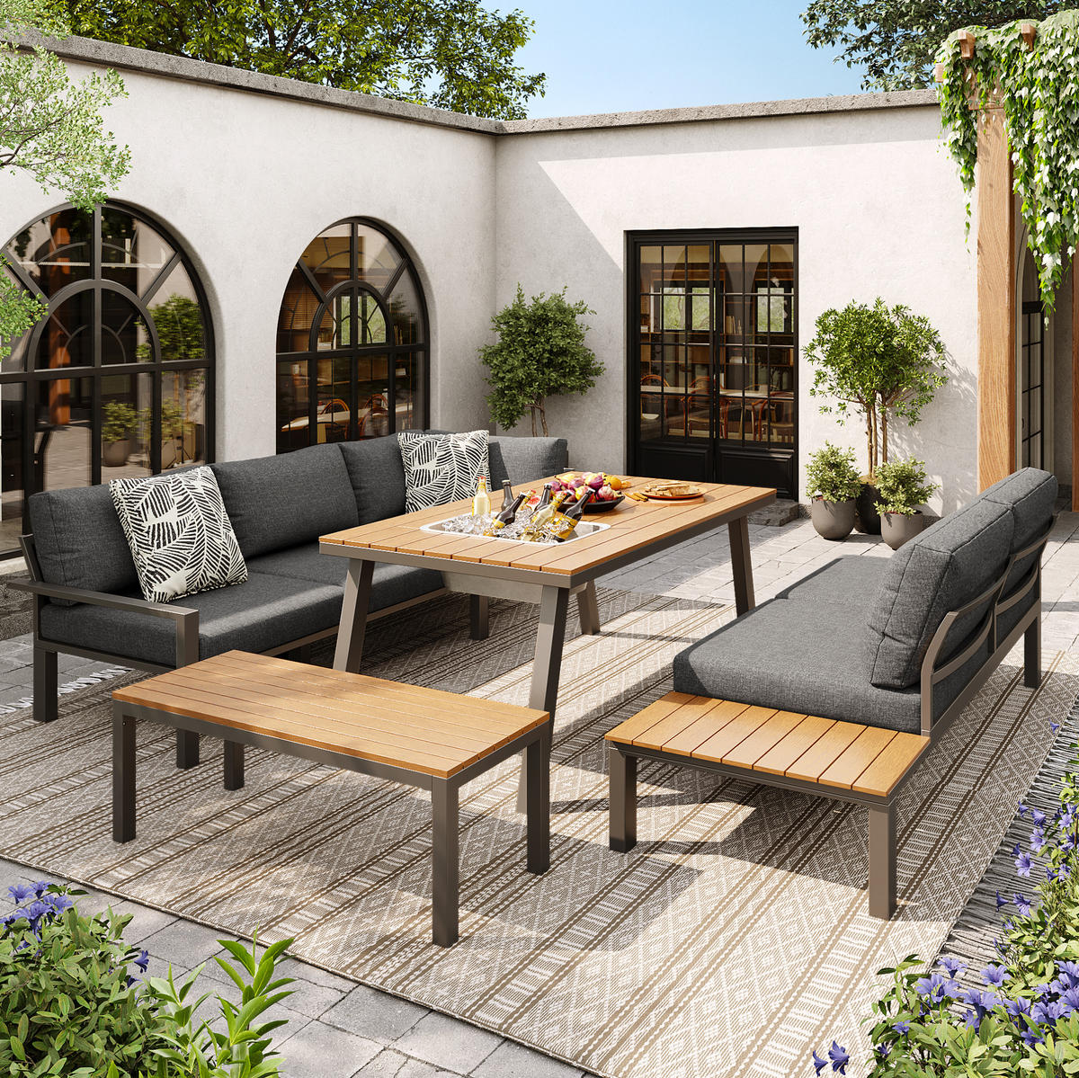 GARTEN-LOUNGE-SET, Metallgestell mit Polstern & Tisch mit Eiskübel, 147/60/65 cm, Grau - Grau, Metall - Redom