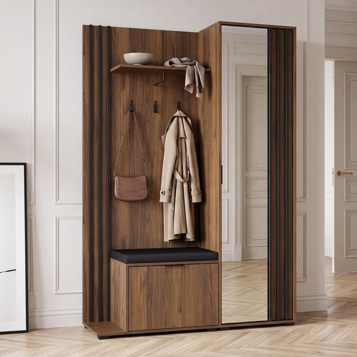 GARDEROBE STILO 131 cm (Nussbaum, Schwarze Lamellen, Spiegel, Sitzkissen, Metallgriffe) - Walnussfarben/Schwarz, Holz/Holzwerkstoff (131/192/40cm) - Ravio