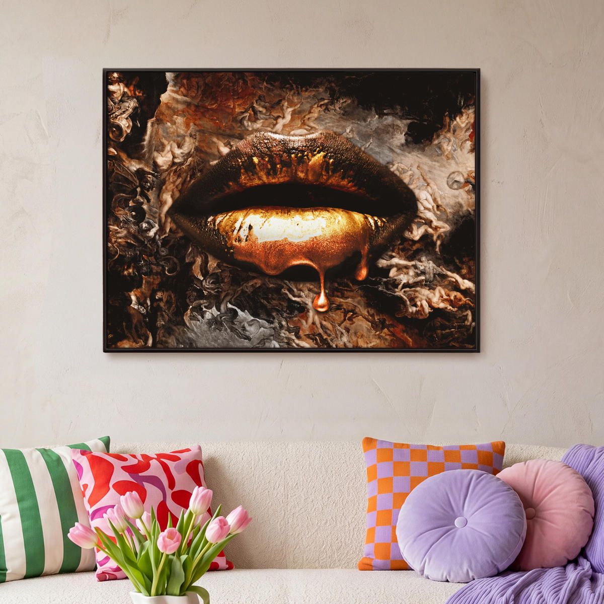 LEINWAND Bilder mit Rahmen - Gold - Lippen - Kunst - Gold - Luxus - Abstrakt - 100x70 - Kupferfarben, Textil (100/70cm) - MuchoWow